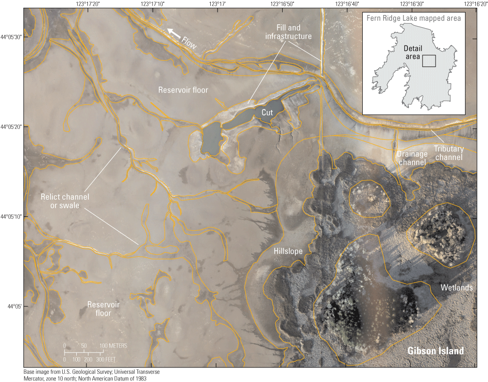 Geomorphic mapping (Bervid and Keith, 2025) over high-resolution orthophotographs
(Schwid and others, 2024) of Fern Ridge Lake, Oregon, showing multiple mapped landforms
near Gibson Island: hillslope, relict channel or swale, tributary channel, fill and
infrastructure, reservoir floor, and wetlands.