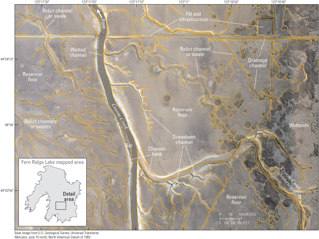Geomorphic mapping (Bervid and Keith, 2025) over high-resolution orthophotographs
(Schwid and others, 2024) of Fern Ridge Lake, Oregon, showing multiple mapped landforms
near Coyote Creek: bar, channel bank, relict channel or swale, wetted channel, drawdown
channel, drainage channel, fill and infrastructure, reservoir floor, and wetlands.