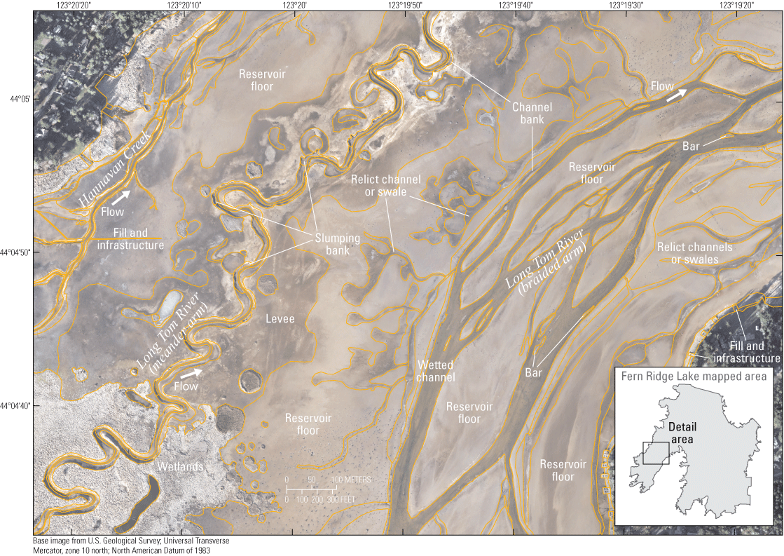 Geomorphic mapping (Bervid and Keith, 2025) over high-resolution orthophotographs
(Schwid and others, 2025) of Fern Ridge Lake, Oregon, showing multiple mapped landforms
Hannavan Creek and the meander and braided arms of the Long Tom River: wetted channel,
channel banks, slumping banks, bar, levee, relict channel or swale, fill and infrastructure,
reservoir floor, and wetlands.