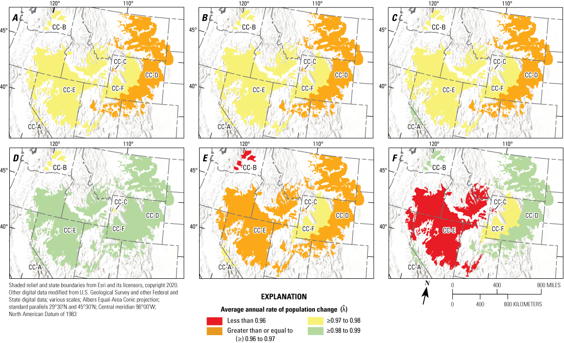 2.	Range-wide spatial estimates of average annual rate of change in greater sage-grouse
                     abundance across temporal scales and climate clusters.