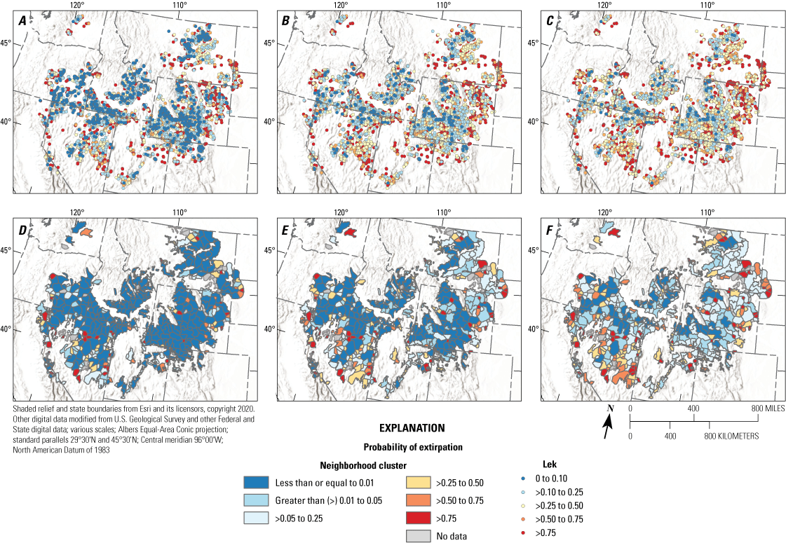 6.	Predicted extirpation probabilities at greater sage-grouse leks and neighborhood
                     clusters within the western United States.
