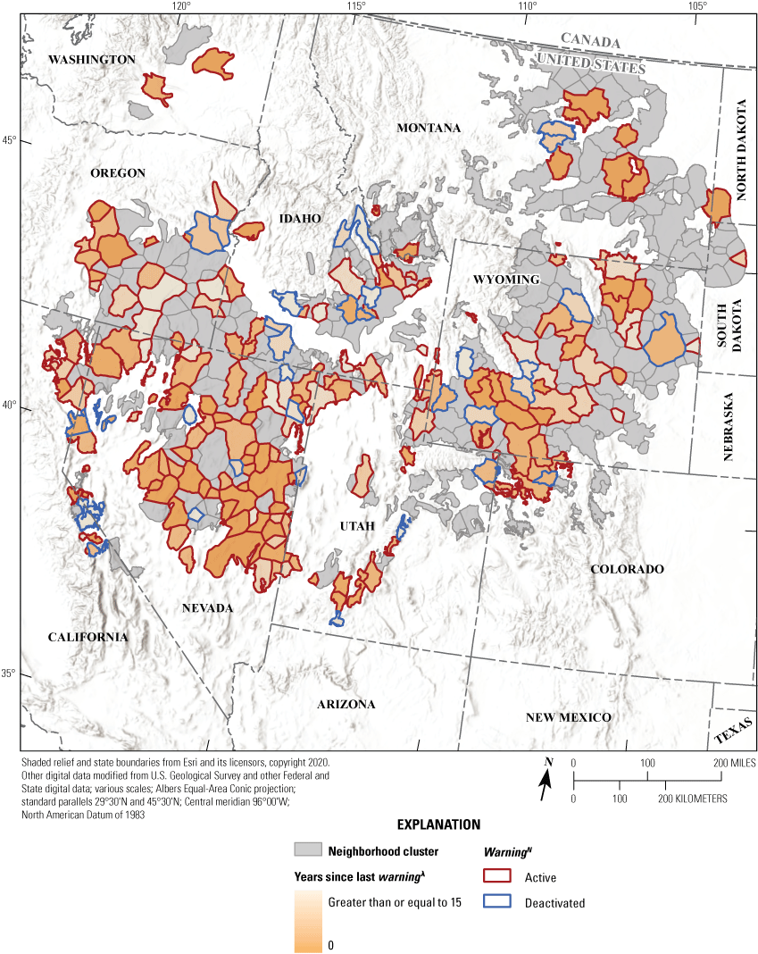 9.	Warnings of greater sage-grouse population decline at the neighborhood cluster
                     scale within the western United States from 1990 to 2024.