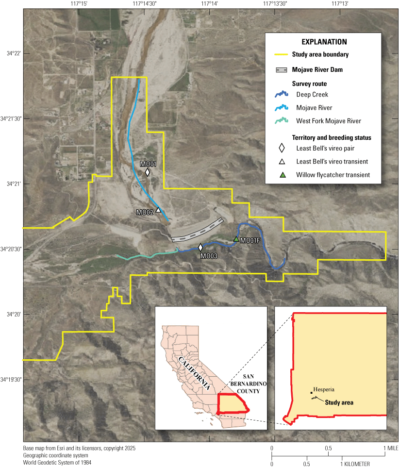 2. Least Bell’s Vireo and Willow Flycatcher detections and breeding status are indicated
on a map.