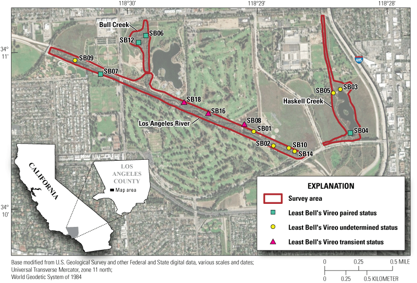2. Aerial photo with survey area outline, squares for vireo pairs, circles for undetermined
                     status vireos, and triangles for transient vireos.
