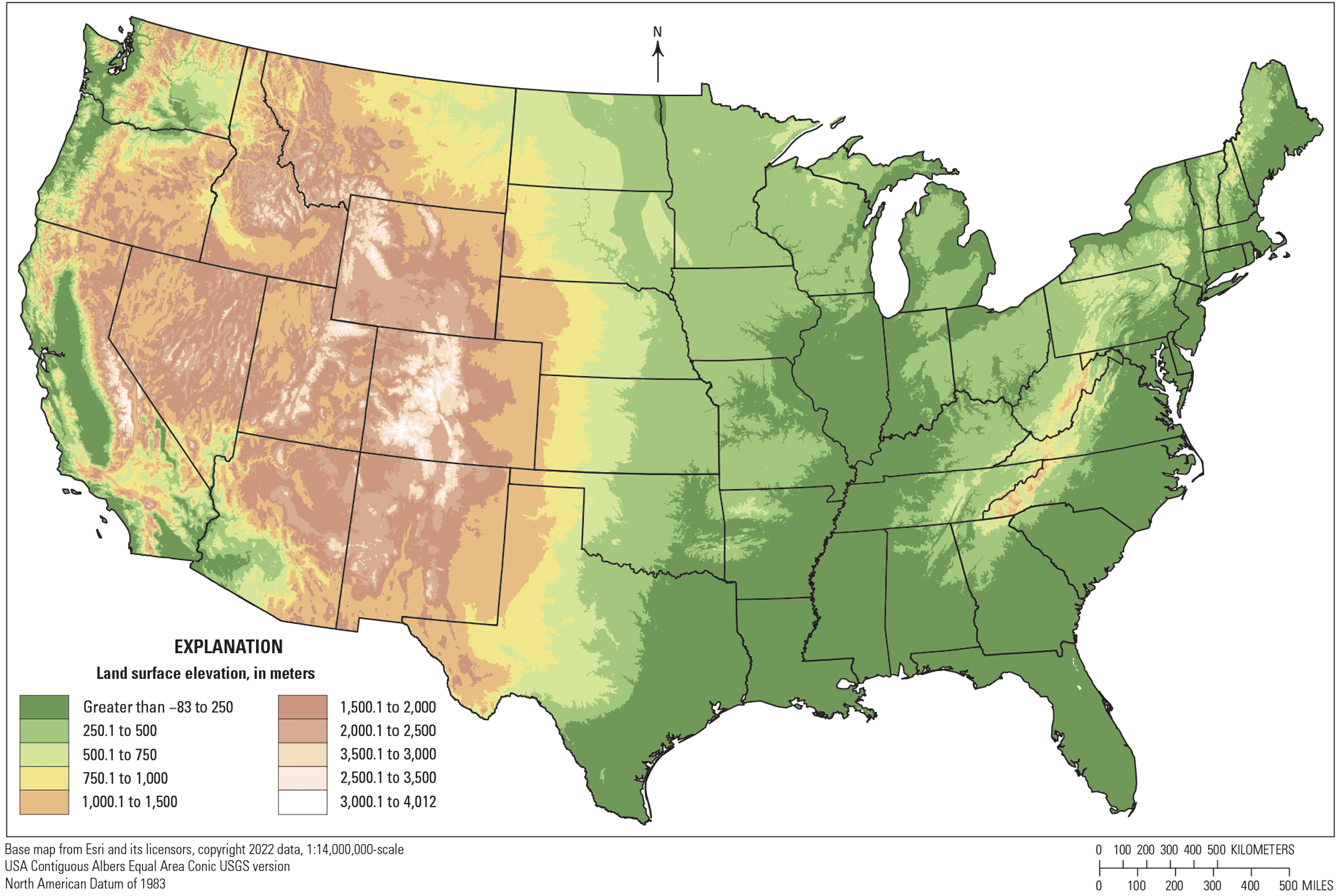 Elevation across the conterminous United States ranges from −82.99 to 4,012 meters.