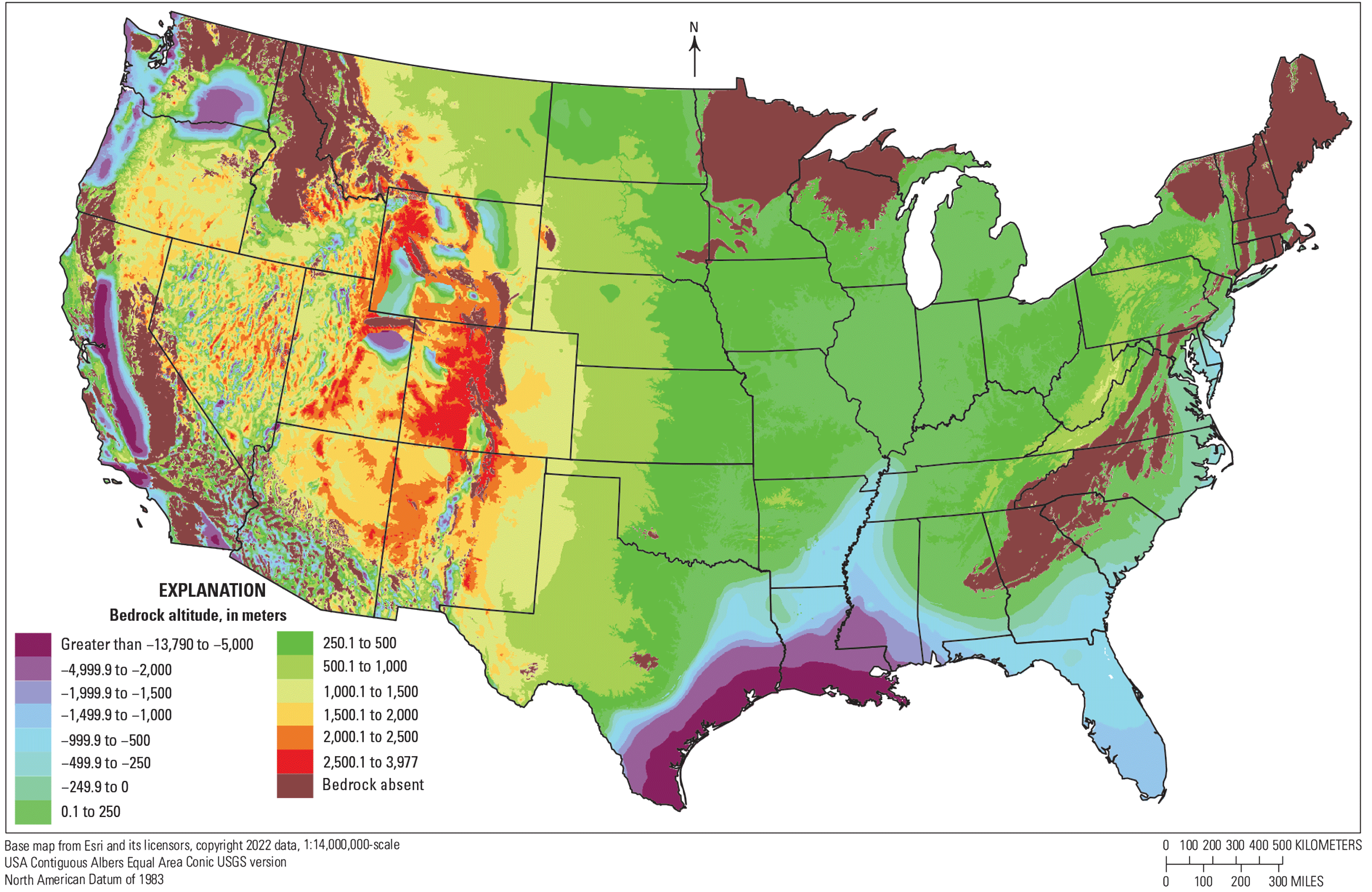 Bedrock altitude is higher in the Western United States.