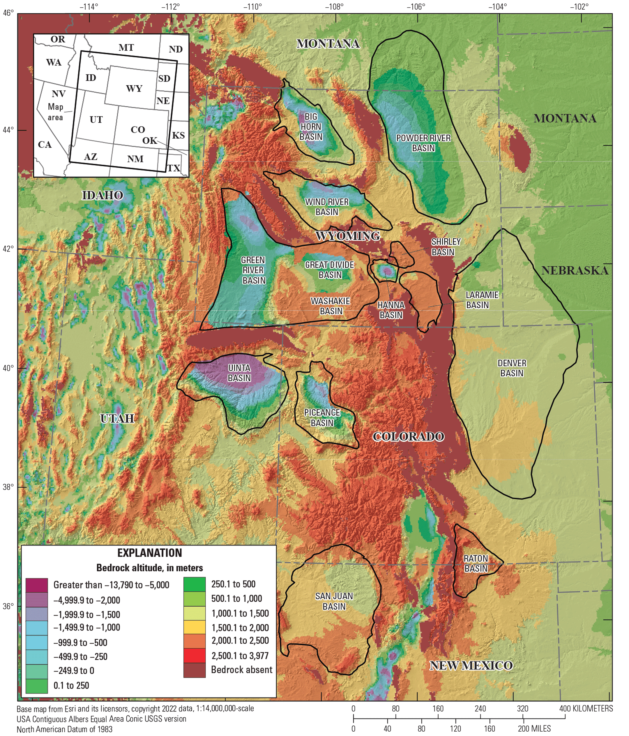 Several sedimentary basins occur in the Rocky Mountain region.