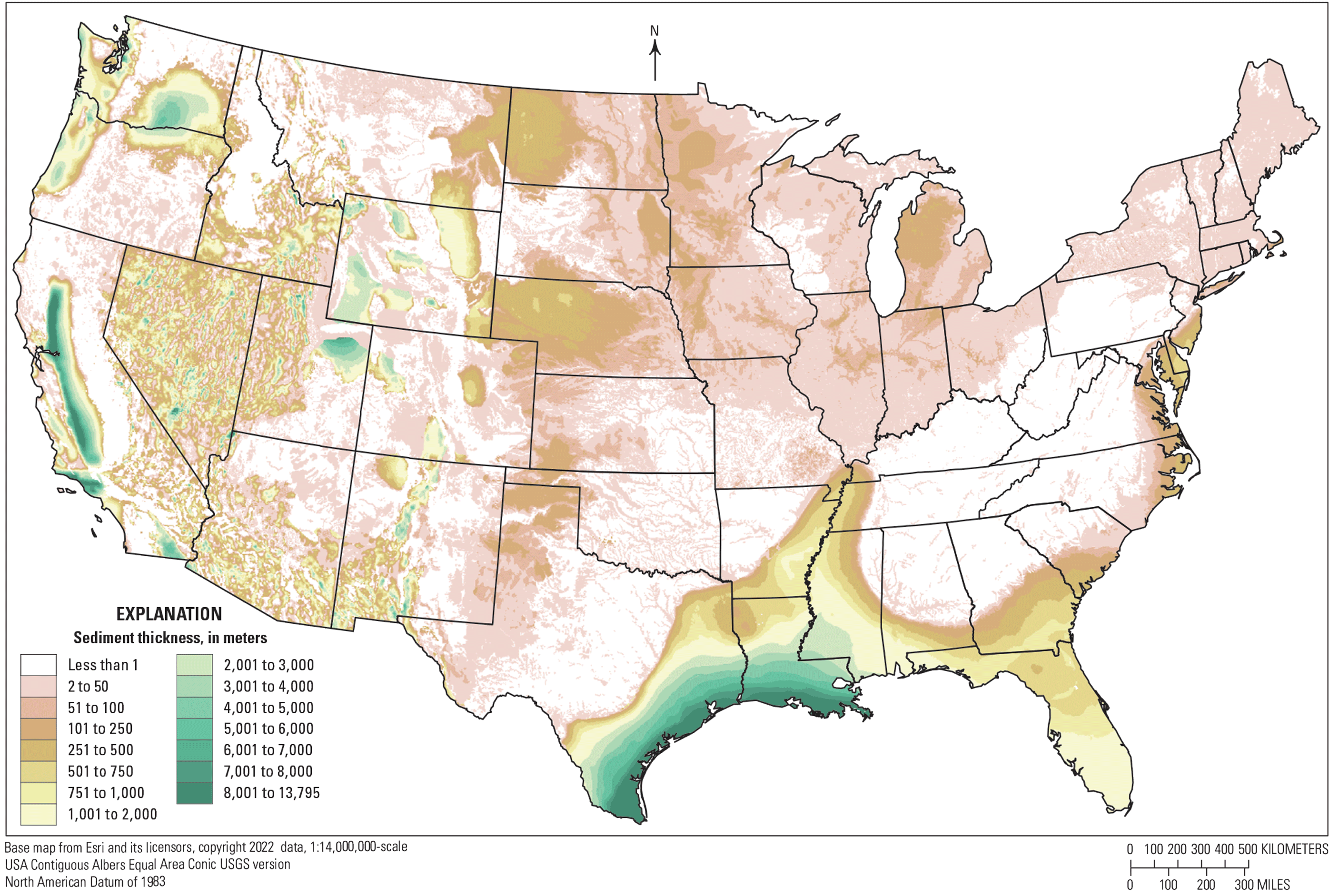 Sediment thickness ranges from less than one to as much as 13,795 meters.