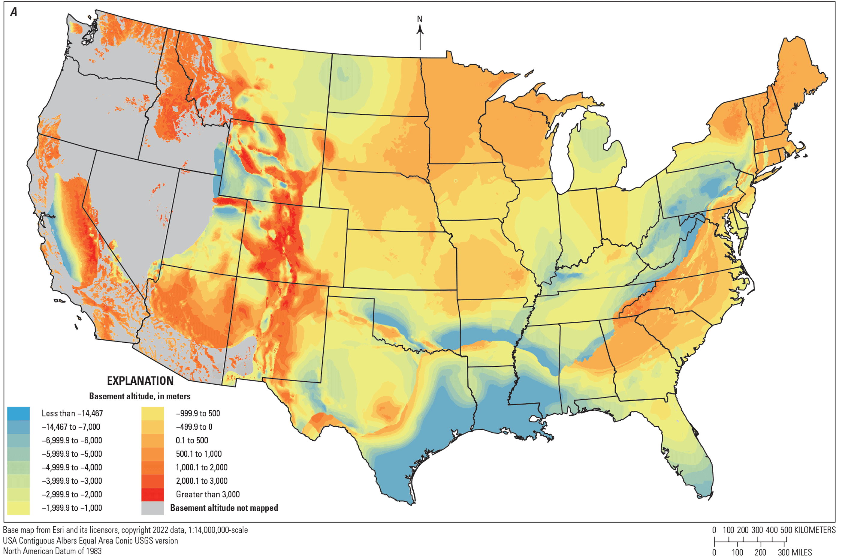 Much of the basement altitude across the conterminous United States ranges between
−15,960 and 500 meters.
