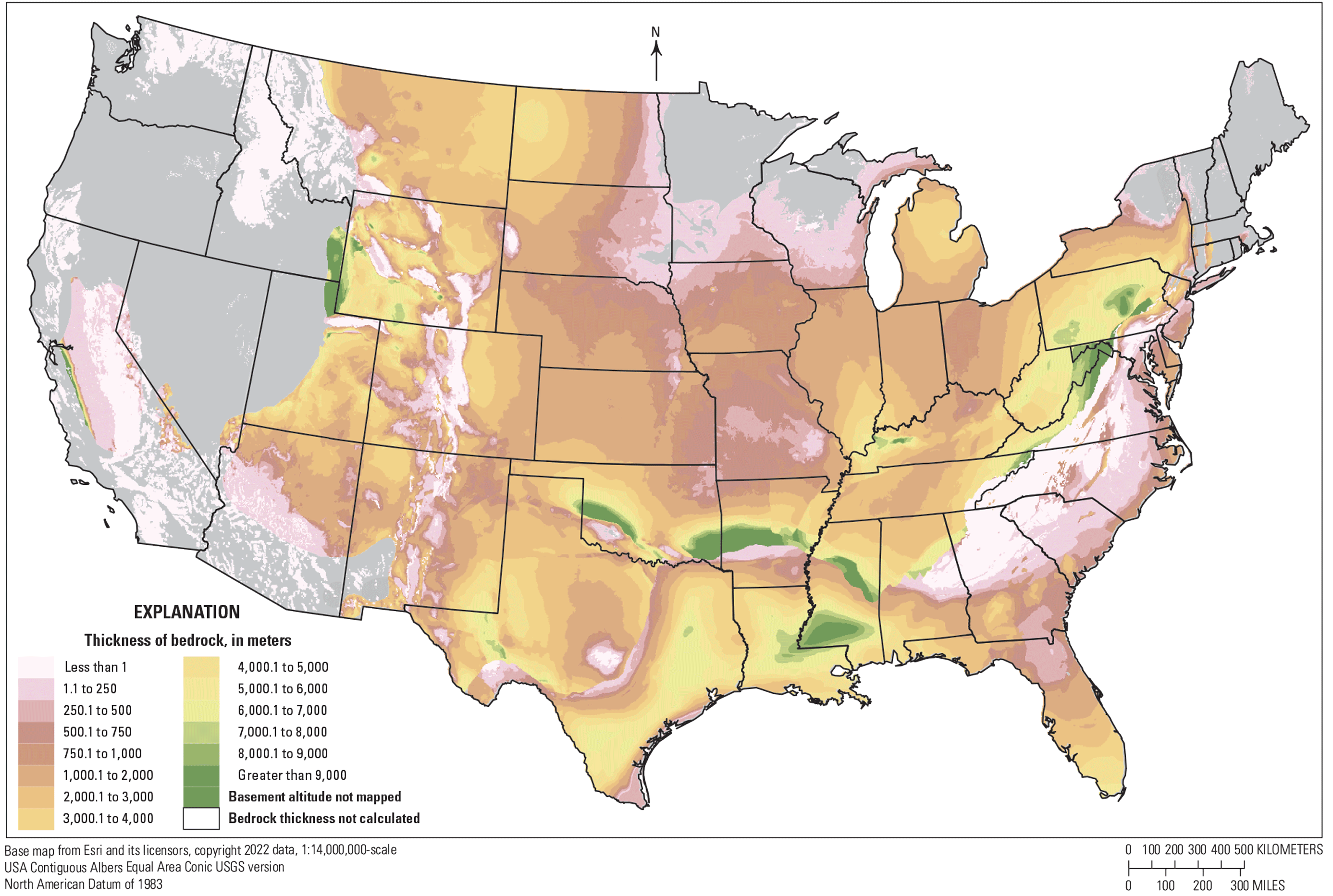Much of the conterminous United States ranges between less than 1 and 7,000 meters.