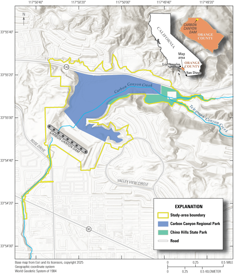 1. Overview of the study area with colored lines and shading for described features.
Dashed lines indicate creeks that occur in the study area, blue shaded polygons indicate
property managed by Carbon Canyon Regional Park, and aqua shaded polygons indicate
property managed by Chino Hills State Park.