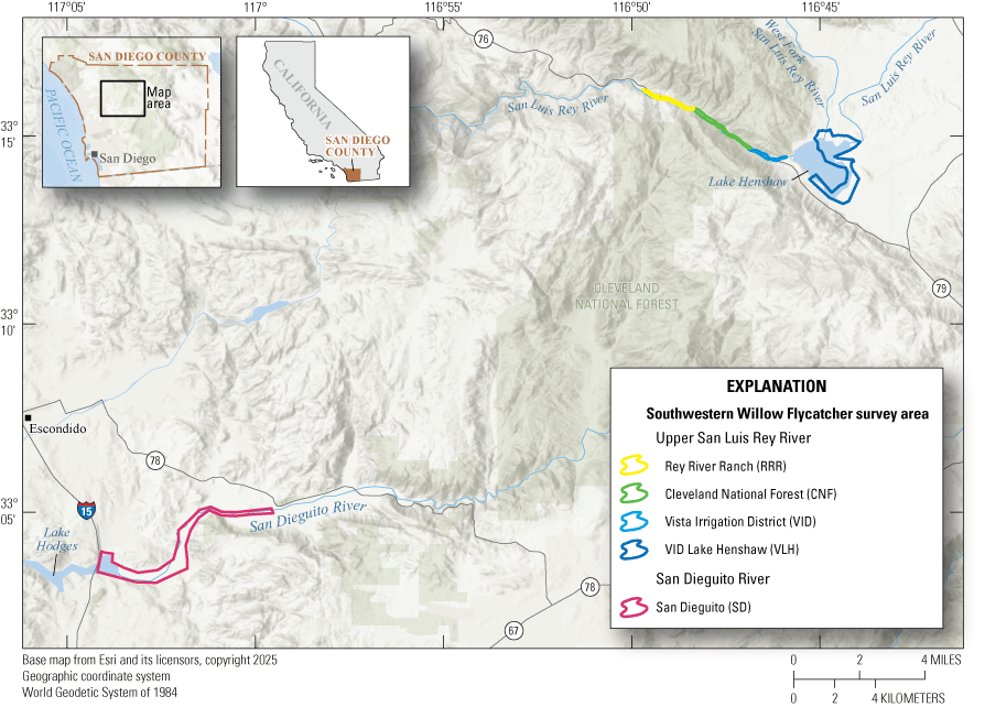 1. Overview of the study area with colored lines for described features.