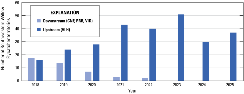 3. Flycatcher territories downstream from Lake Henshaw declined annually from 2018
                        to 2023. Territories upstream fluctuated up and down between 2018 and 2025.