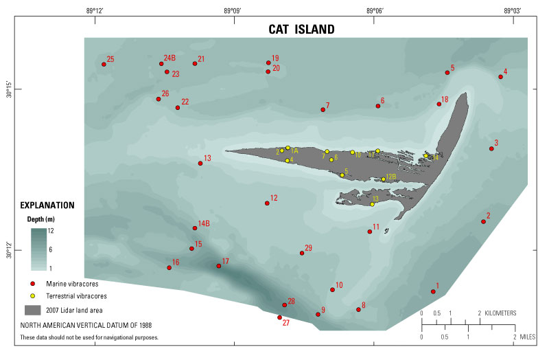 Map showing bathymetry of Cat Island and marine and terrestrial core locations. Core locations are clickable and show image of core photo and description.