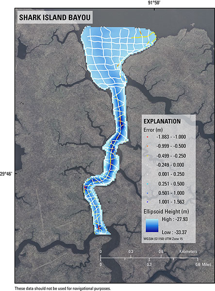 Map showing error of how well grid represents the bathymetric soundings it was created from