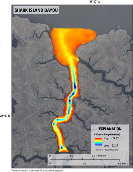 Single-beam bathymetry of Shark Island Bayou area in Weeks Bay and Weeks Bayou region of southwest Louisiana referenced to UTM Zone 15 North and WGS84 (G1150) ellipsoid height in meters.