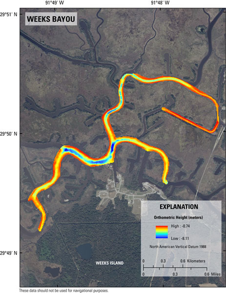 Single-beam bathymetry map of the Weeks Bayou area in Weeks Bay and Weeks Bayou region of southwest Louisiana referenced to UTM Zone 15 North NAD83 (CORS96) and NAVD88 orthometric height in meters. 