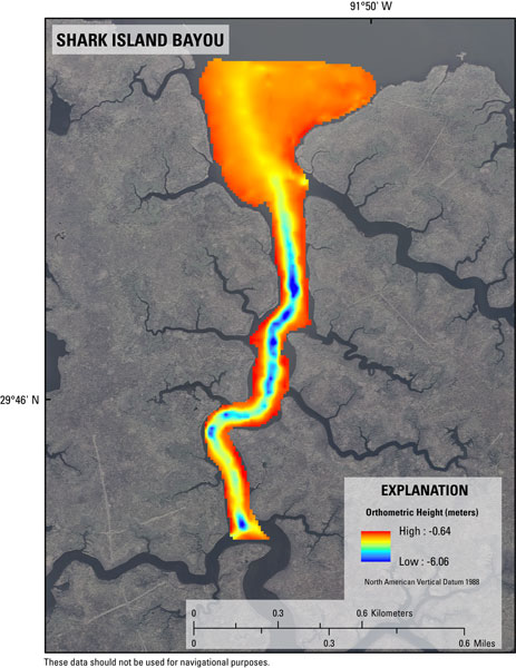 Single-beam bathymetry map of the Shark Island Bayou area in Weeks Bay and Weeks Bayou region of southwest Louisiana referenced to UTM Zone 15 North NAD83 (CORS96) and NAVD88 orthometric height in meters.
