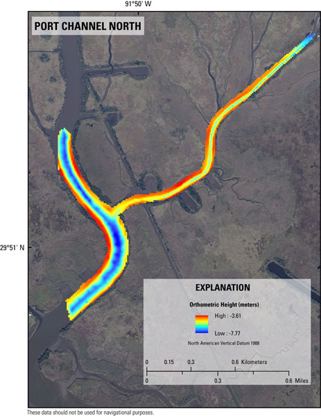 single-beam bathymetry map of the Port Channel North area in Weeks Bay and Weeks Bayou region of southwest Louisiana referenced to UTM Zone 15 North NAD83 (CORS96) and NAVD88 orthometric height in meters.
