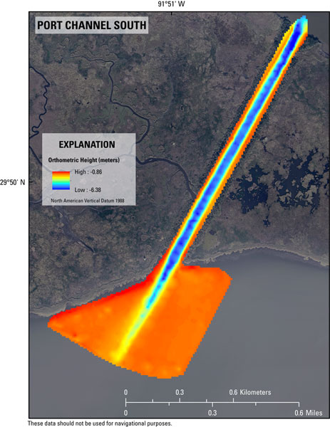 Single-beam bathymetry map of the Port Channel South area in Weeks Bay and Weeks Bayou region of southwest Louisiana referenced to UTM Zone 15 North NAD83 (CORS96) and NAVD88 orthometric height in meters. 