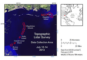 Map of data collection area for Topographic Lidar Survey of Dauphin Island, Alabama and Chandeleur, Stake, Grand Gosier and Breton Islands, Louisiana, July 12–14, 2013