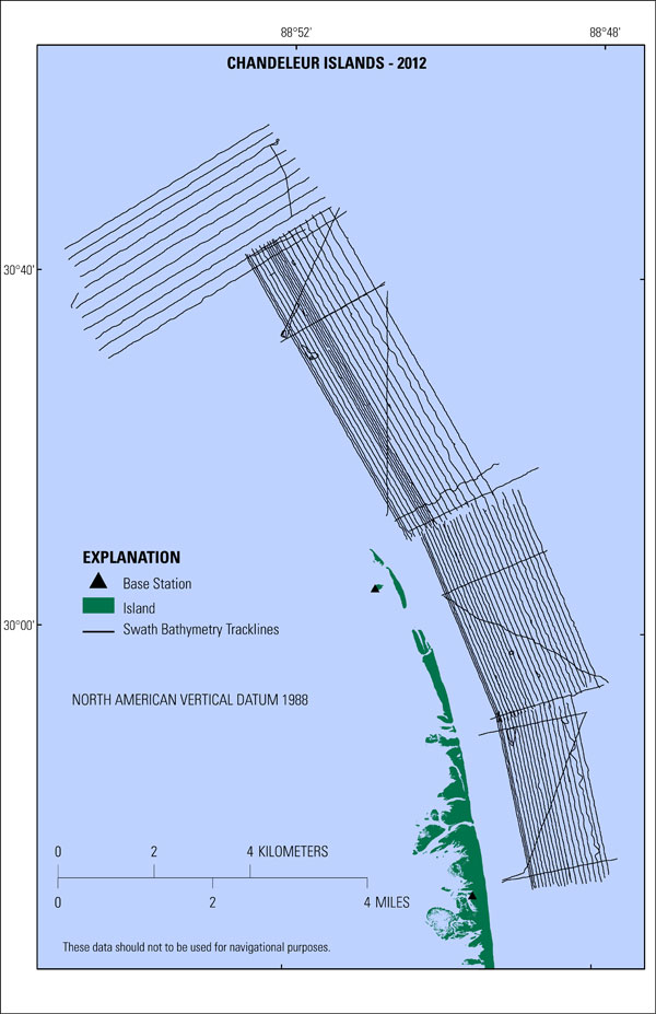 Image of swath bathymetry tracklines for Chandeleur Islands survey in 2012.