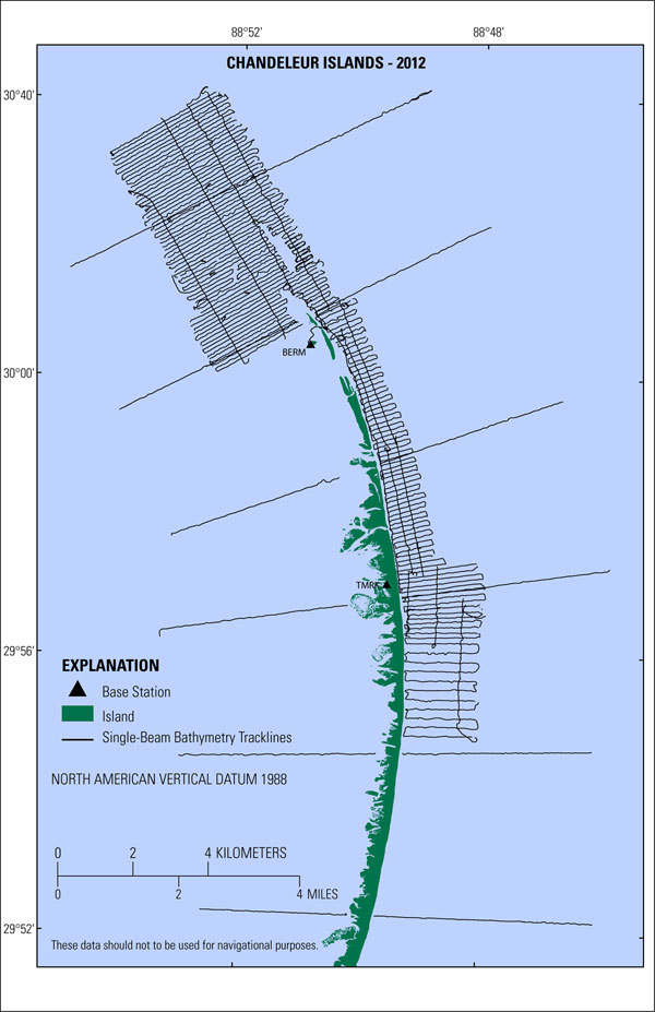Image of single-beam bathymetry tracklines for Chandeleur Islands survey in 2012.