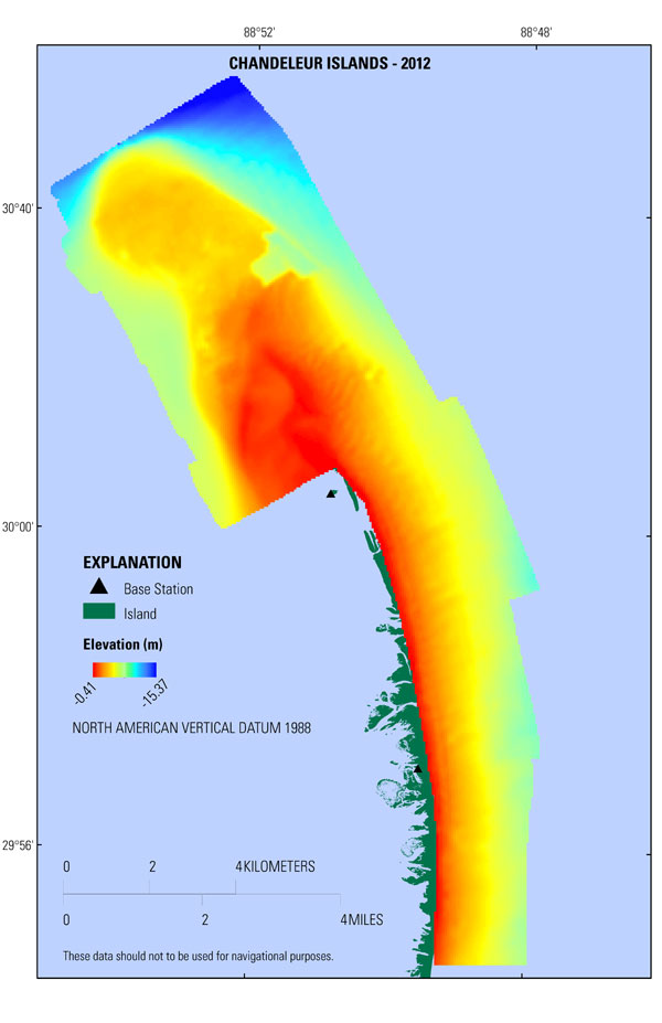 Image of the 50-meter grid of 2012 bathymetry surrounding the Chandeleur Islands, Louisiana.