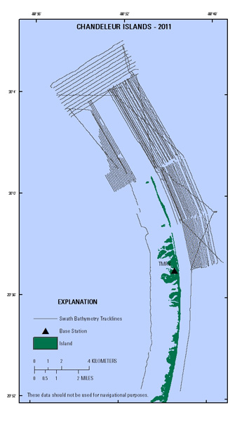 Map showing swath bathymetry survey tracklines around the Chandeleur Islands.
