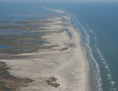 Oblique aerial photograph looking north along the Chandeleur Islands, February, 2012