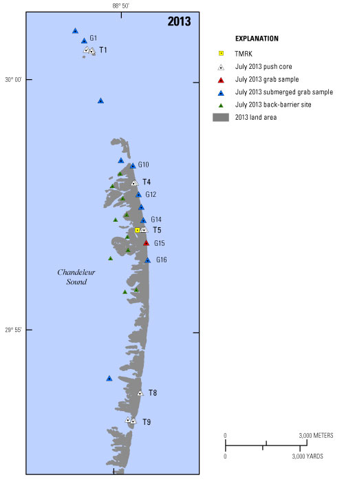Map showing location of sediment samples collected in 2013 from the northern Chandeleur Islands