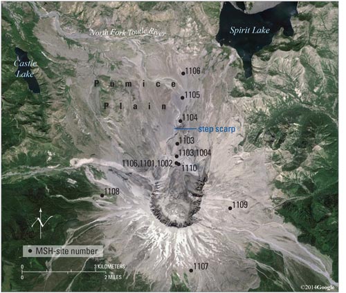 Figure 1.  A Google Earth image of Mount St. Helens, showing the controlled-source audio-frequency magnetotelluric (CSAMT) station locations. The step scarp, a pronounced topographic offset (north side down), is shown as a blue line.