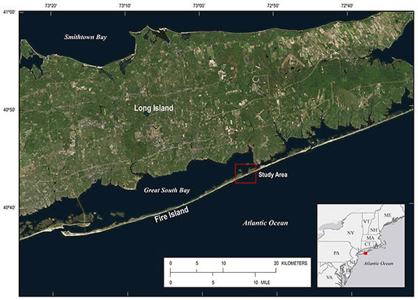 Location of the breach caused by Hurricane Sandy in 2012, on the eastern end of Fire Island south of Long Island, New York.