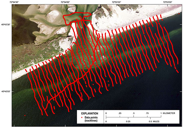 Single-beam point data coverage from June 2013 bathymetry survey of the Wilderness breach and adjacent coastline.