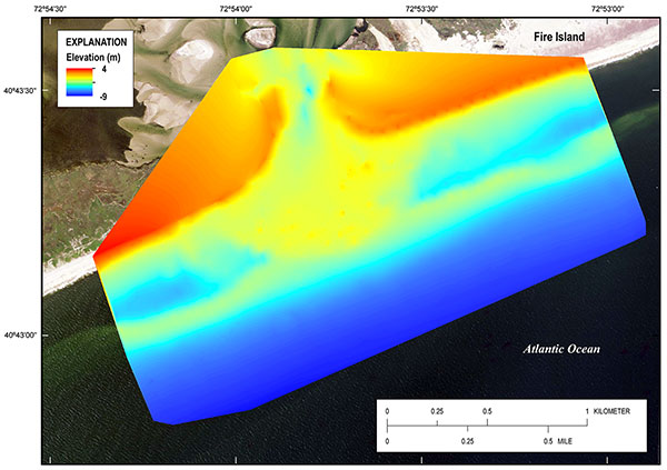 A 1 m grid of June 2013 bathymetry of the breach channel, ebb shoal, and adjacent coast of the Fire Island Wilderness breach.