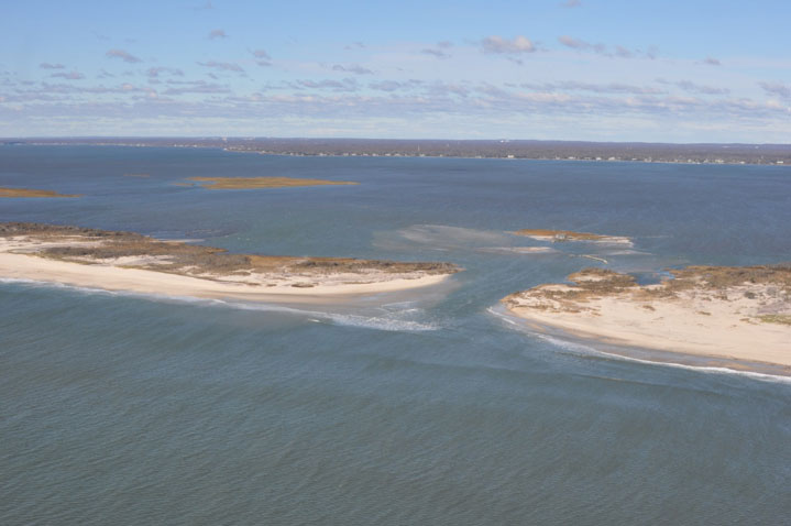Aerial photograph of the new breach on the eastern end of Fire Island, New York, taken 5 days after Hurricane Sandy, which made landfall in late October 2012.