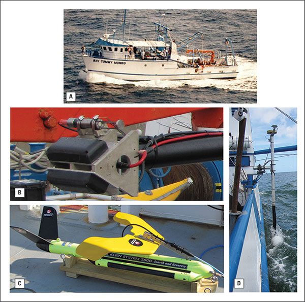 A, the research vessel Tommy Munro mobilized with the interferometric swath bathymetry equipmen. B, the swath transducers, sound velocity sensor, and the IMU wetpod cradle attached to the base of the rigid pole mount. C, the Klein 3900 sidescan sonar "towfish" instrument, and D, the pole mount deployed with GPS navigation braket afixed. 