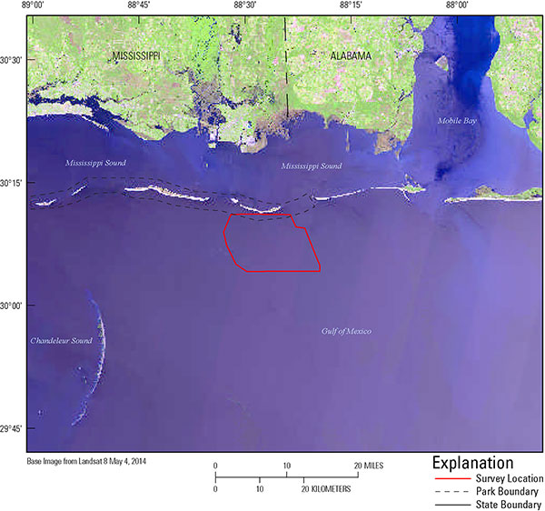 Study area and location map of the Gulf side of Petit Bois Island, Gulf Islands National Seashore, Mississippi.