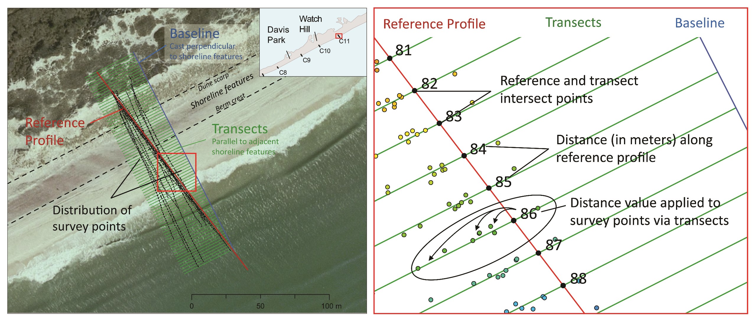 A) Reference profile in relation to field collected data, baseline, transects and shore parallel shoreline features. B) Translation of distance measurement to all field collected data.