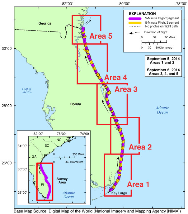 Map showing the baseline coastal oblique survey flight path from Key Largo, Florida, to the Florida/Georgia border, September 5-6, 2014..