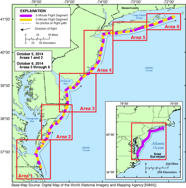 Map for baseline coastal oblique aerial survey flight path collected from the Virginia/North Carolina border to Montauk Point, New York, October 5-6, 2014.