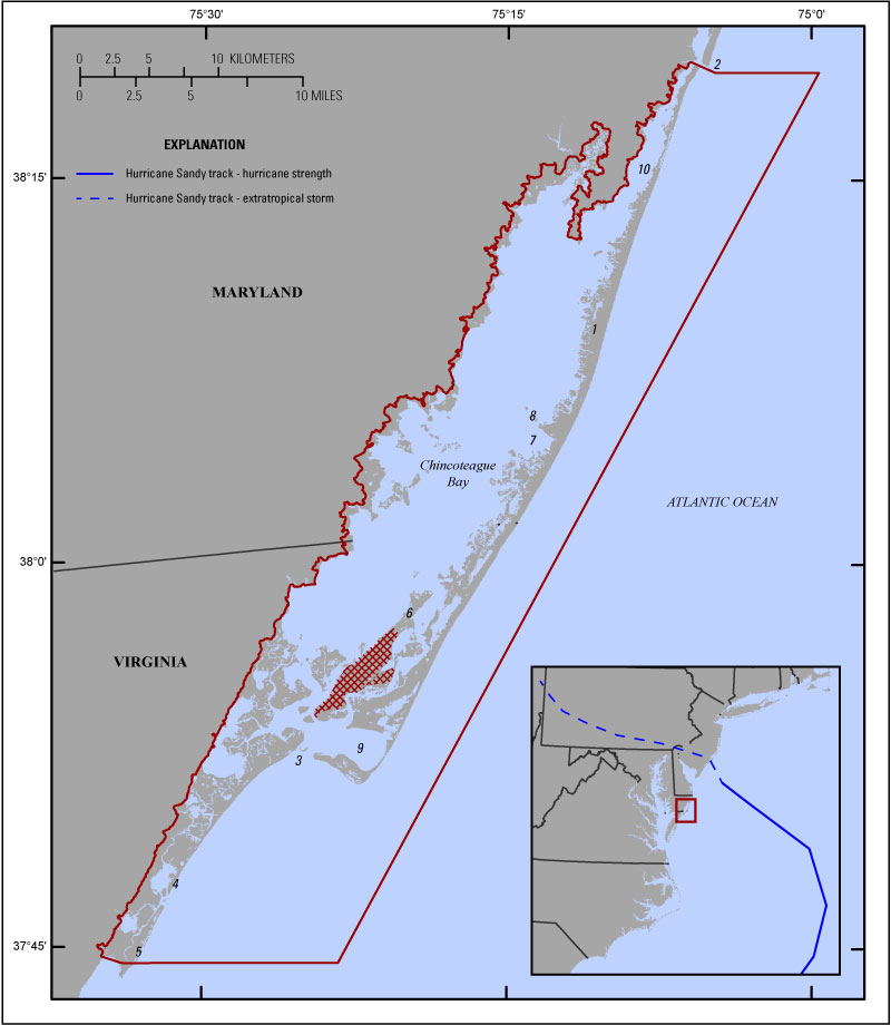 Map showing the study area from Assateague Island, Maryland to Metompkin Island, Virginia.