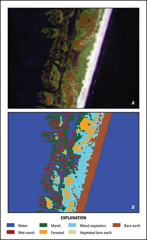 Example of mixed vegetation land-cover class shown on (A) radiometrically corrected Landsat 8 composite image acquired April 1, 2014 and (B) corresponding thematically classified raster dataset. 