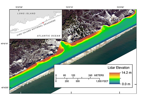Processed terrestrial-based lidar digital elevation model (DEM) along the western boundary of Fire Island, New York. The red box on the inset indicates the map location.