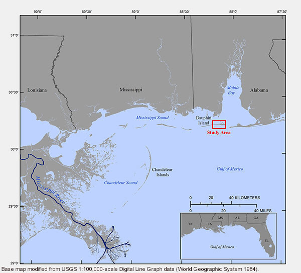 Regional map showing the April 2013 Dauphin Island, Alabama study area