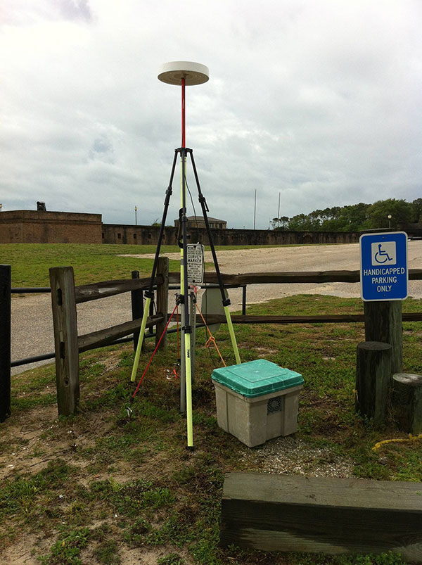 Photograph of Ashtech Differential Global Positioning System (DGPS) base station setup near the entrance of Fort Gaines, which is located on the eastern side of Dauphin Island, Alabama.
