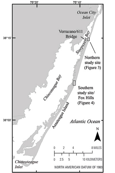 Map of study area with black boxes indicating the location on the barrier where data were collected.