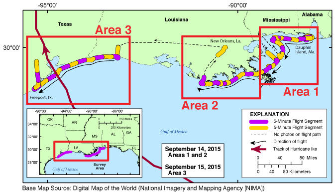 Index map of survey area flight path during USGS field activity 08ACH06. Red line shows the storm track (provided by the National Oceanic and Atmospheric Administration [NOAA]).