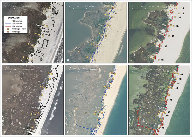 Locations of October 2014 sand auger and trench sites at transect 1 (A-C) and transect 4 (D-F) on Assateague Island.