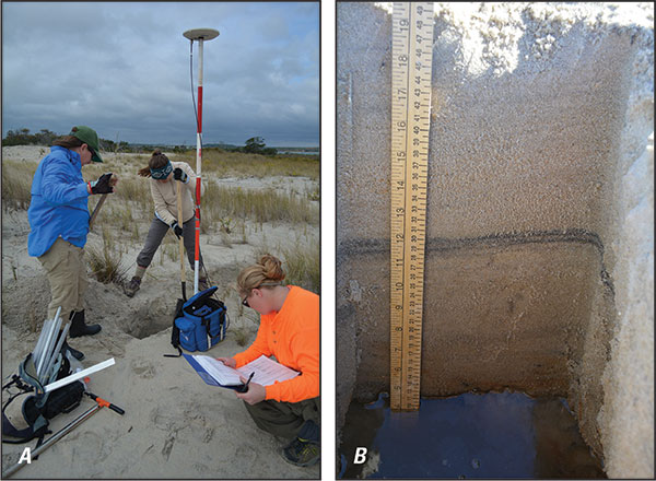(A) Digging a trench and collecting site data at site 14CTB-447. (B) Trench stratigraphy and water table at site 14CTB-460. Photographs by Cathryn Wheaton (CNTS) and Julie Bernier (USGS).